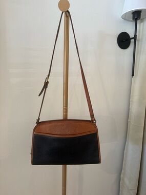 Vintage Dooney & Bourke Black Pebbled Satchel Leather Bag with Tan Patch